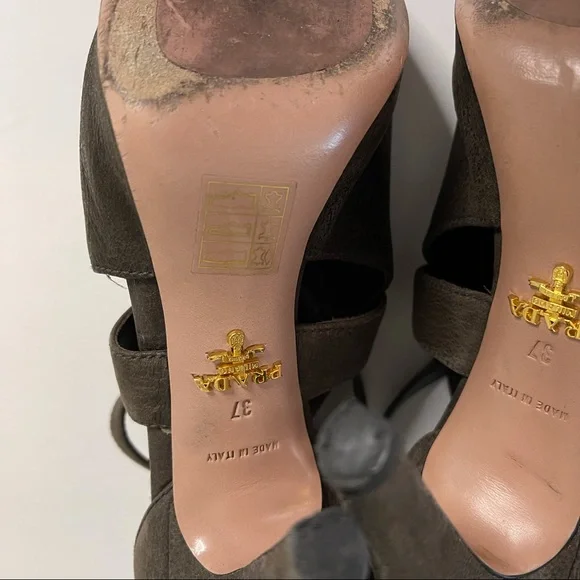 Prada Brown Suede Leather Cutout Peep-toe Stiletto Heels Platform Sz 37 Italy - Picture 11 of 14